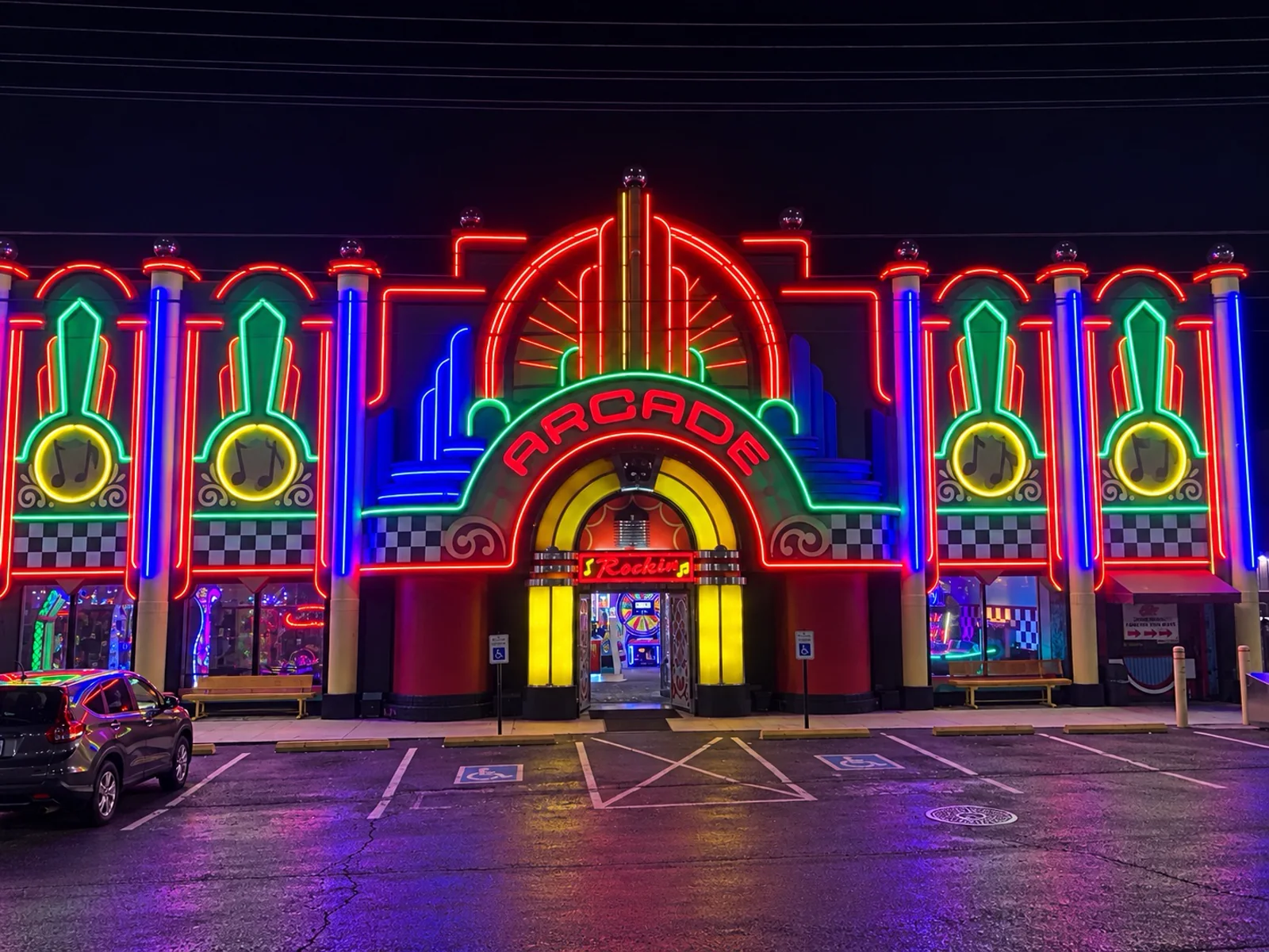 Rockin' Raceway illuminated with its new LED exterior in Pigeon Forge